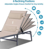 Foldable Chaise Lounge Chair with Cup Holder, Assemble-Free Outdoor Lounge Chair with Detachable Pillow and 6 Adjustable Backrest, Patio Lounge Chair for Outside Poolside Beach Pool, Khaki
