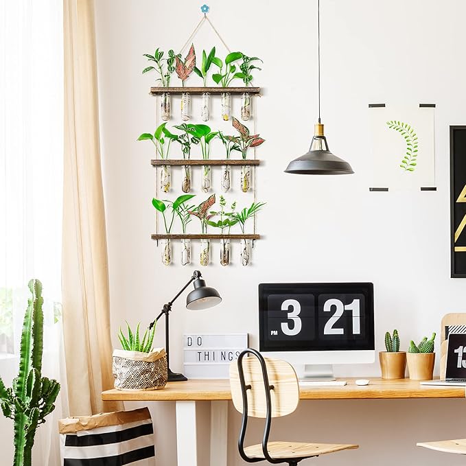 Terrarium Hanging Propagation Station, 3-Tier Wood Frame, 15 Glass Tubes