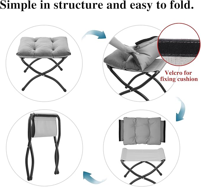 15"(H) Folding Ottoman, Foldable Footrest Stool, Portable Small Foot Stool for Couch, Collapsible Foot Rest Ottoman for Sofa, Accent Padded Ottomans for Living Room, Bedroom, Stripe Grey