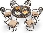 7-Piece Cast Aluminum Patio Furniture, Patio Dining Set for 6 Include 54" Round Outdoor Dining Table and 6 Swivel Chairs with Cushions & Umbrella Hole (Bronze)