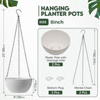 T4U 8 Inch Hanging Planters for Indoor Plants, 2 Pack Hanging Planter, Hanging Plant Pots with Drainage Holes and Chain, Hanging Basket Pots for Garden Home Porch Decor, White