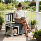 VINGLI Outdoor Storage Bench with Built-in Dog House, 2-in-1 Outdoor Waterproof Patio Bench with Pet Kennel for Patio Backyard Porch (Gray)