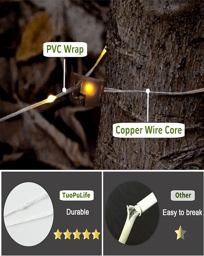 String Lights for Camping, Solar Powered, 150 Warm White LEDs
