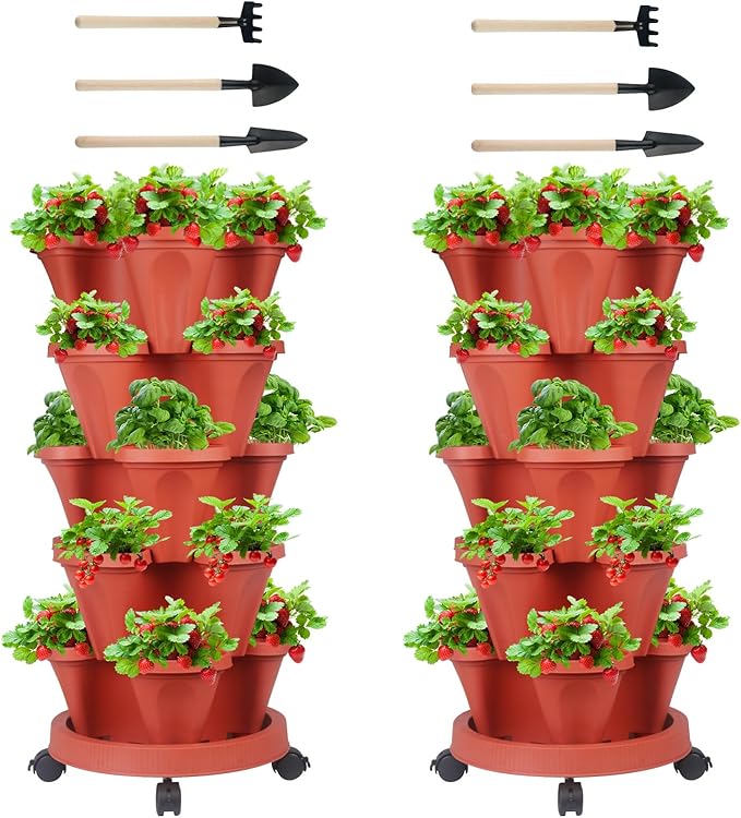 DUNCHATY 5 Tier Plant Pot, Vertical Garden Planter, Strawberry Planter, Indoor/Outdoor Planters, 2 Set, Brick Red, 29 x 13.6 x 13.6 inches