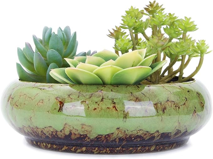 VanEnjoy 7.3 inch Round Large Shallow Succulent Ceramic Glazed Planter Pots with Drainage Hole, Bonsai Pots Garden Decorative Cactus Stand Flower Container (Green)