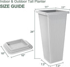 Tall Outdoor Planters Set of 2, 24" Tapered Outdoor Tall White Planter for Front Porch, Large Indoor Modern Planter Flower Pots with Tray, Drainage Holes (Ribbed)