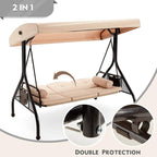 HOMREST 3 Seat Outdoor Porch Swing with Adjustable Canopy, Convertible Patio Swing Bed with Stand, Patio Glider Swing with Upgraded Cup Holder, Thicken Cushions ＆ Pillow for Backyard(Khaki)