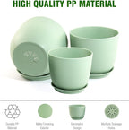 Medium Plant Pots 10/9/8 inch, Flower Pots for Indoor Outdoor Plants, Set of 3 Modern Decorative Plastic Planters with Drainage Holes and Saucers for House Porch Garden Plants, Green