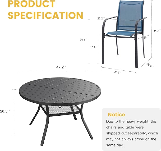 VICLLAX Patio Table and Chair Set of 6, All Weather Metal Round Outdoor Dining Furniture Set-47 Round Outdoor Table and Chairs, Black Tabletop