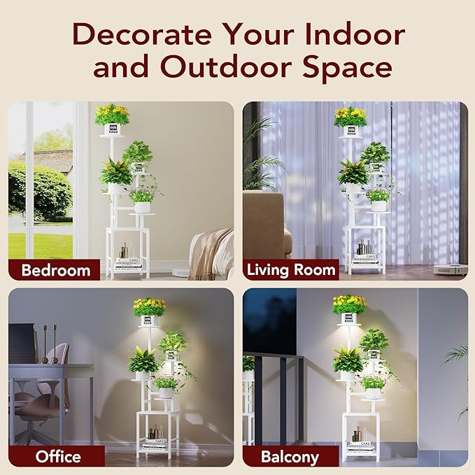 Plant Stand Indoor with Grow Light, 5-Tiered Tall Plant Stand Indoor, Metal Plant Shelf with Adjustable Light, Ideal for Living Room, Garden, Round Patio white