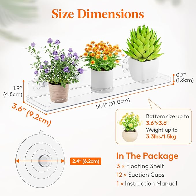 Lifewit Window Plant Floating Shelves 14.6x3.6, 4 Pack Acrylic Suction Cup Shelf, Window Sill Extender for Indoor Succulent Plants, Micro Greens, Seed Starter Pots, Herb Planters 37 x 9 cm/14.6x3.6