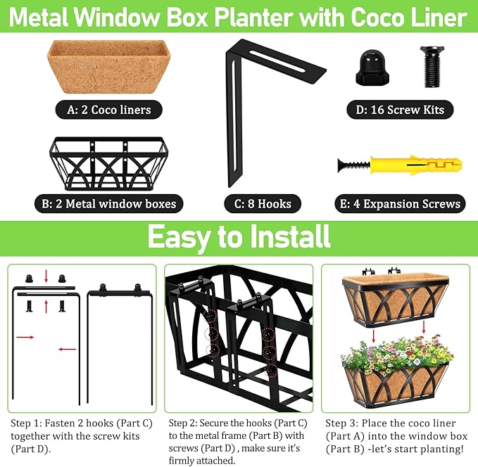 Riare 2 Pack 16 Inch Metal Railing Planter Window Box with Coco Liner- Adjustable Window Flower Boxes for Railings, Hanging Rail Planters for Deck, Balcony, Porch, Fence, Indoor Outdoor Plants
