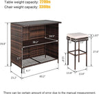 Outvita Wicker Patio Outdoor Bar Set with Glass Top Table and Two Cushioned Stools Brown Backyard Furniture Poolside, Garden, Porches