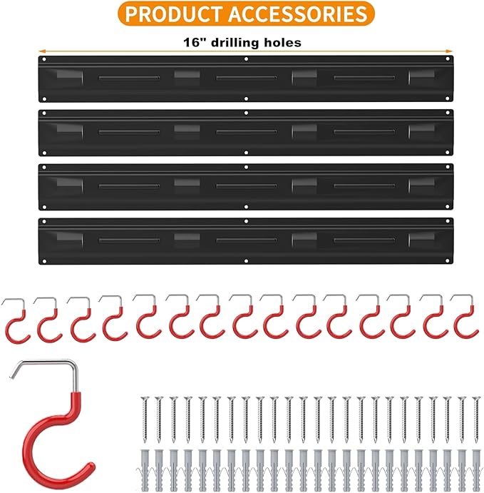 Storage Rack, 64 Inch Black Metal Wall Garden Tool Organizer with 4 Rails