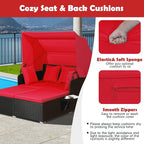Tangkula Patio Rattan Daybed with Retractable Canopy, Outdoor Wicker Sunbed Lounger with 2 Foldable Side Tables, Thick Seat & Back Cushions, Outside Double Daybed for Garden, Backyard, Porch, Red