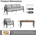Outdoor Patio Furniture Set, 4 Pieces Metal Patio Furniture Set with Coffee Table, Modern Outdoor Patio Conversation Seating Set with 6” Thick Cushions, Light Grey