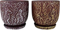 Decorative Ceramic Planter Pot with Saucer, Brown with Gold and Silver Owl Pattern, Indoor Garden Container with Drainage (G&S, 6 inch)