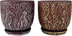Decorative Ceramic Planter Pot with Saucer, Brown with Gold and Silver Owl Pattern, Indoor Garden Container with Drainage (G&S, 6 inch)