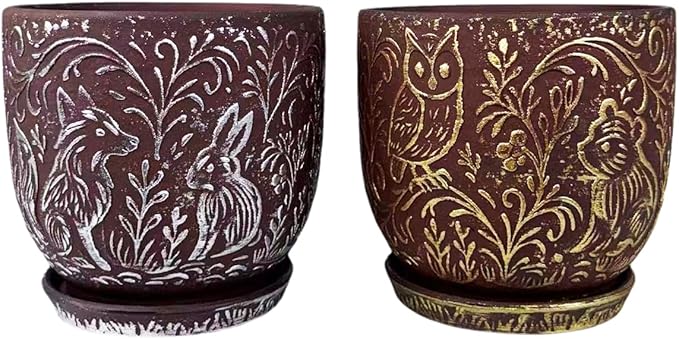 Decorative Ceramic Planter Pot with Saucer, Brown with Gold and Silver Owl Pattern, Indoor Garden Container with Drainage (G&S, 6 inch)