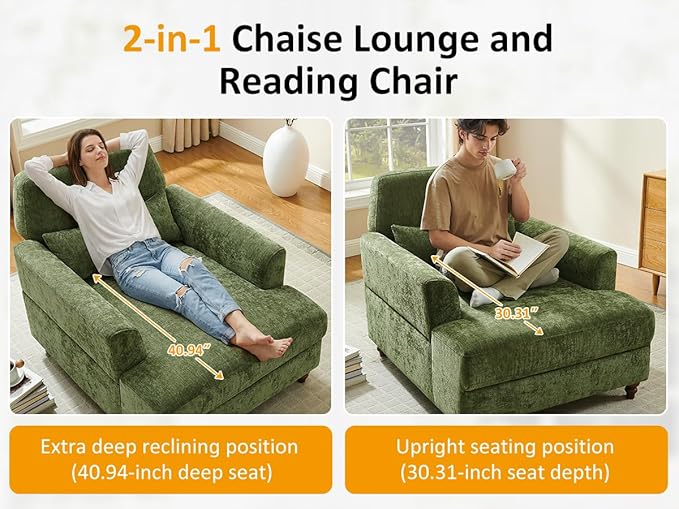 Chaise Lounge Chair Indoor with Adjustable Backrest, Upholstered Mid-Century Reading Chair, Oversized Accent Armchair for Living Room & Bedroom, Comfy Single Sofa Chair, Modern Living Room Chair
