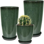 24/21/12 Inch Large Plastic Planter, Lightweight Ceramic-Look Tall Planters with Drain Hole & Saucers, Tall Plastic Planters for Porch, Garden, Patio, Balcony(Dark Green)