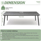 95" Patio Outdoor Dining Table for 8-10, Weather-Resistant Aluminum Frame with Wood-Grain Top & Umbrella Hole for Deck Gatherings, Grey