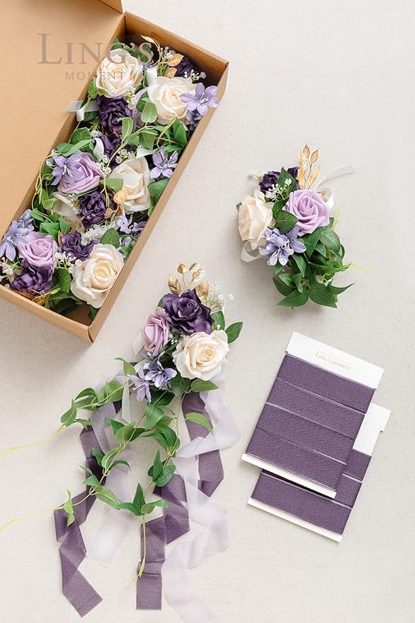 Artificial Wedding Pew Flowers, 8 Pcs Lilac and Gold Silk Aisle Decor