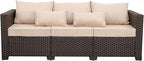 Outdoor Furniture Couch 3 Seater Sofa Outdoor Brown Wicker Sofa Deep Seat High Backrest Patio Couch with Non-Slip Cushions Waterproof Cover, Khaki