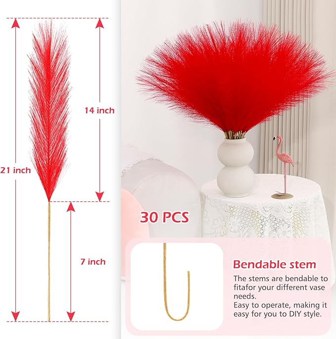 Artificial Pampas Grass Stems, Red, Pack of 30, 21.7 Inch Silk