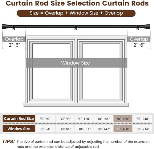1” Diameter Curtain Rods Itself is 30 to 170 inch 1 Pack Fit 30-168 inch Window with Heavy Duty Adjustable Rod Matte Black Splicing Metal Extra Long Curtain Rod for Windows