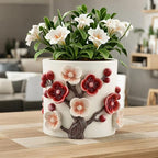 Flower Pot, 5 Inch Cute Plant Pots with Plum Blossom Design, Resin Decorative Flower Pots with Drainage for Indoor Plants, Succulents, Home and Garden Decor