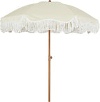 AMMSUN 6.5ft Boho Outdoor Umbrella with Fringe, UPF 50+ Picnic Umbrella with Tassels, Premium Steel Pole and Push Button Tilt, Light Beige