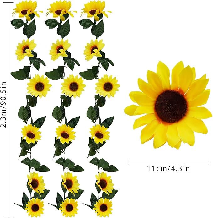 Artificial Sunflower Garland, 7.5 Ft Green Silk Vines, 12 Pack