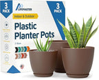 Brown Plant Pots with Drainage Holes & Saucers 3 Pack, Indoor & Outdoor Stackable Space-Saving Planters for Houseplants & Flowers, (7", 6.7", and 6" Inches), Durable & Weatherproof Materials