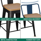 WENTMENT Metal Bar Stools Set of 2 Counter Height Barstools with Removable Back 26" Kitchen Bar Stools with Wooden Seat, Black