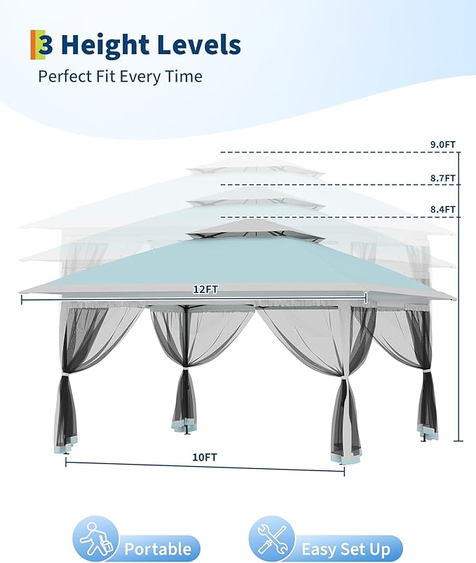 Canopy Tent 12x12 ft, Pop Up Gazebo One-Push Setup with 4 SandBags for Backyard Parties and BBQs, Mosquito Netting & Height Adjustable - Lake Blue