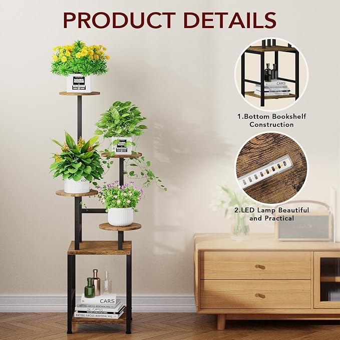Round Plant Stand Indoor with Grow Light, 5-Tiered Tall Plant Stand Indoor, Metal Plant Shelf with Adjustable Light, Ideal for Living Room, Garden, Patio (Black Brown)