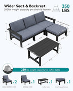 SERWALL Outdoor Sectional Sofa Set, 5-piece Outdoor Modula Couch Set with Ottoman, All Weather Patio Furniture Set with Chaise for Deck, Lawn, Black Frame with Gray Cushion