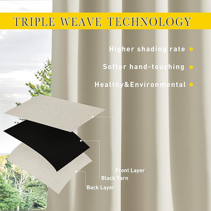 NICETOWN 2 Panels Outdoor Curtains for Patio Waterproof 84" Long, Windproof Grommet & Back Tab on Top & Bottom Thermal Insulated Sun Blocking Drapes with Rope for Gazebo, Beige, W100 per Panel