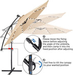 Yaheetech 10FT Solar Offset Umbrella with 32 LED Lights Cantilever Hanging Outdoor Umbrellas Handy Crank & Cross Base for Lawn/Deck/Backyard/Pool Tan