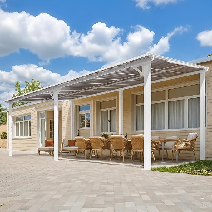 AECOJOY 20' x 10' White Gazebo Outdoor Pergola for Patio, 10x20 Large Wall-Mounted Hard Top Lean to Metal Gazebo Shelter Pergolas and Gazebos Clearance with Patio Roof, Heavy Duty Awnings for Backyard