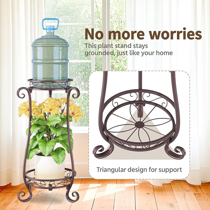 LASZOLA 2 Tier Bronze Metal Plant Stand for Multiple Large Planters Indoor Outdoor Organizer, Heavy Duty Tall Flower Stand for Corner Patio Bathroom Office, Modern Sturdy Vertical Iron Rack, Cat Proof