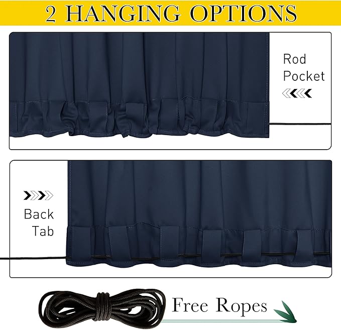 NICETOWN 2 Panels Outdoor Curtains Waterproof for Patio, Thermal Insulated Top & Bottom Grommet & Back Tab Light Blocking Outdoor Drapes, Windproof with Bouns Rope, W52 x L120, Navy Blue