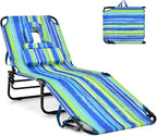 GYMAX Tanning Chair, 350lbs Beach Lounge Chair with Face Hole, Washable Pillow & Carry Strap, Adjustable Folding Chaise Lounge, Layout Chair for Outside, Patio, Poolside, Lawn (1, Stripe)