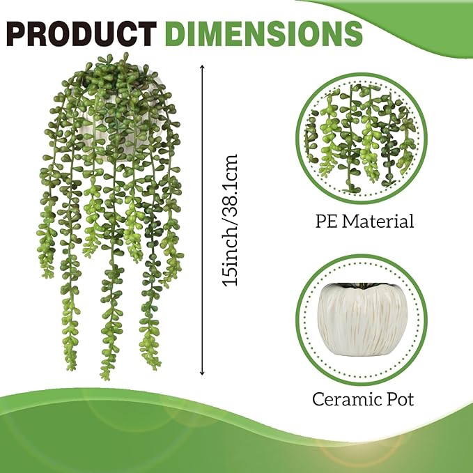 Artificial Plants Greenery, String of Pearls, Green Plastic, 15 Inch