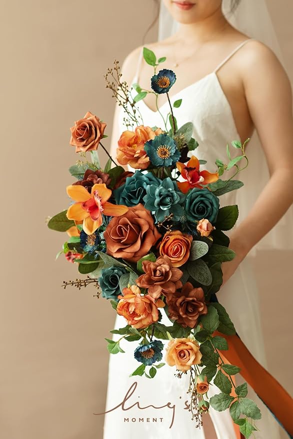 Artificial Bridal Bouquet with Pearls, Teal and Orange Silk Flowers