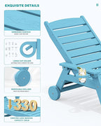 SERWALL Patio Chaise Lounge Chair Set of 2, 78'' Long 5-Positions Adjustable HDPE Outdoor Lounger for Pool, Poly Lounge Chair with Rolling Wheels & Cup Holder for Poolside, Deck, Light Blue
