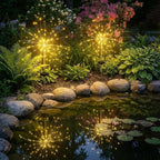 2 Pack Solar Firework Lights Outdoor - Verified 200 LED & 8 Modes - Starburst Solar Powered Garden Lights, Reinforced Durable Stakes, Waterproof Pathway Walkway Lights for Yard Patio Decor