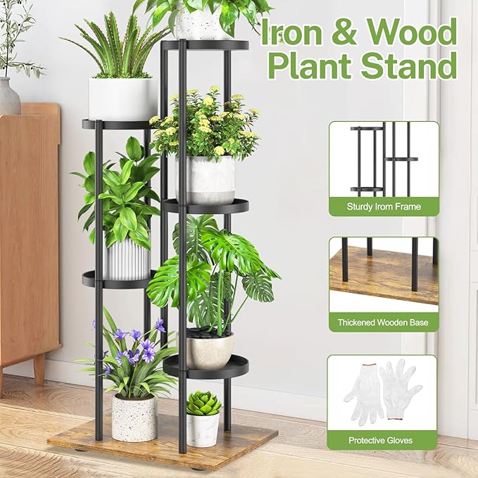iDavosic.ly 5 Tier Plant Stand Indoor Outdoor, Tiered Corner Multiple Flower Pot Holder Shelf, Metal 37 Inch Tall Display Rack for Patio Porch Living Room Garden Balcony, Modern Black & Rustic Brown