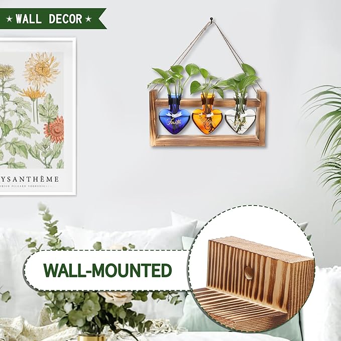 Terrarium Set with Heart Shaped Glass Vases and Wood Stand, 3 Pieces
